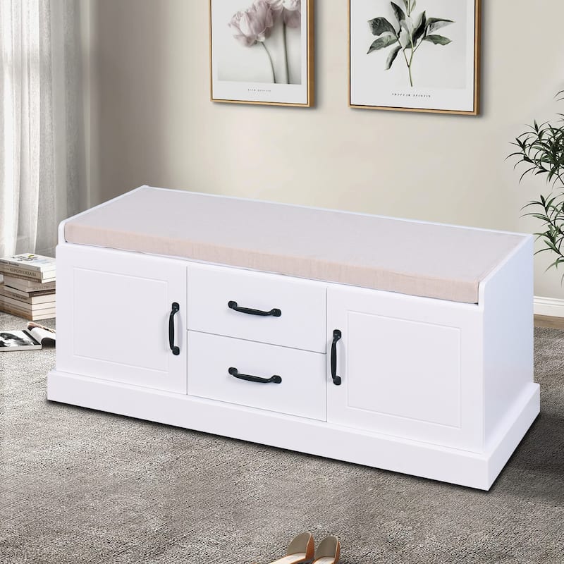 Minimalist Wooden Storage Bench with Seat Cushion, White - 42.53''W x 15.95''D x 17.51''H