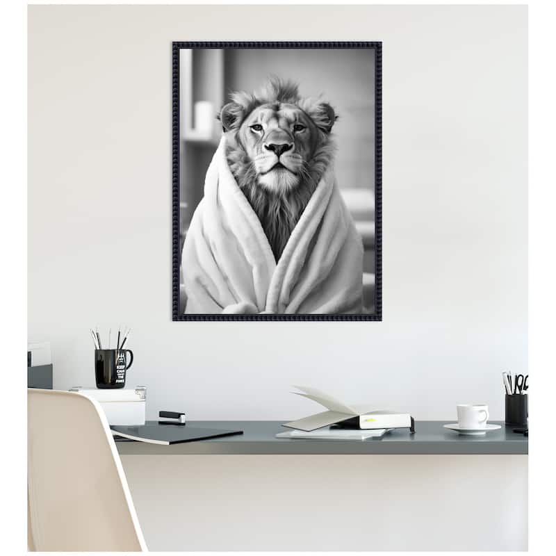 Kate and Laurel Sylvie Lion Bathroom Art Towel Robe Black and White Framed Canvas by The Creative Bunch Studio