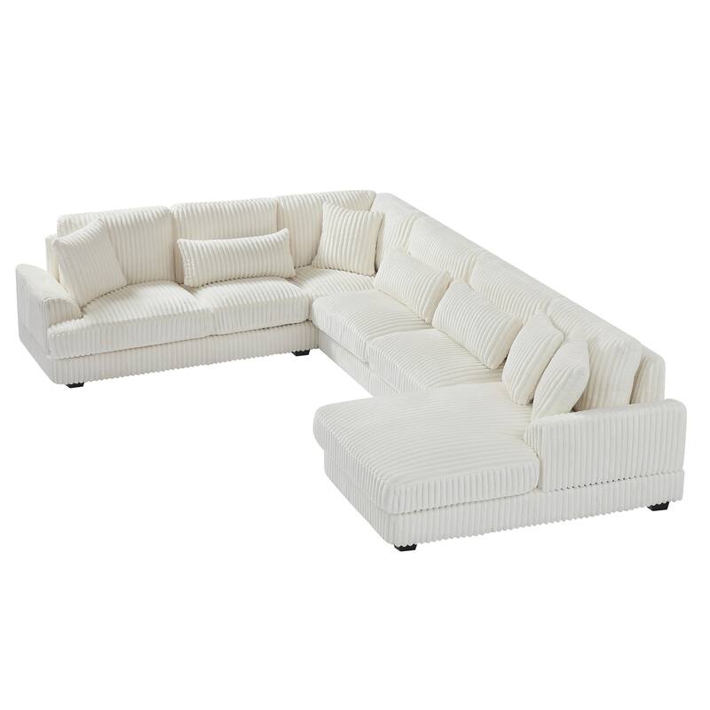 Oversized Stripe Couches Sofa U-shaped Sectional Sofa Corduroy Upholstered Couches with Lumbars Pillows and Chaise Lounge