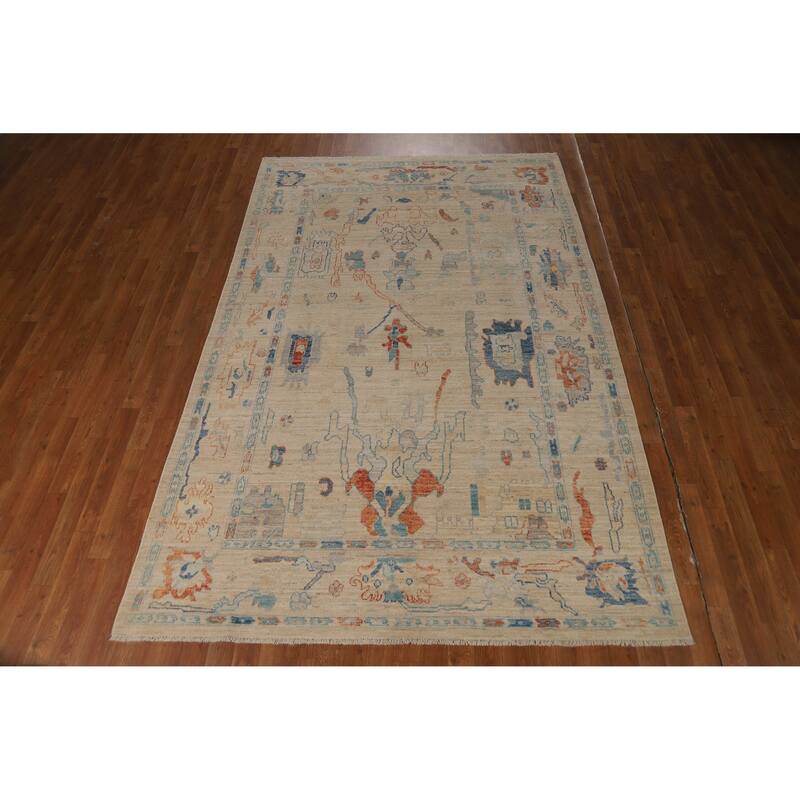 Vegetable Dye Oushak Turkish Rug Hand-Knotted Beige Wool Carpet - 5'11" x 9'0"