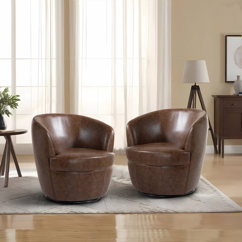 2 Set Faux Leather Club Swivel Barrel Accent Chair