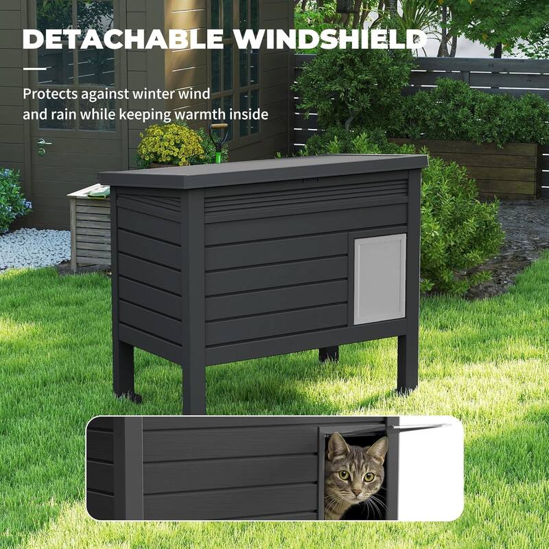 Outdoor Cat House,Weatherproof Resin Feral Cat Shelter(Black)