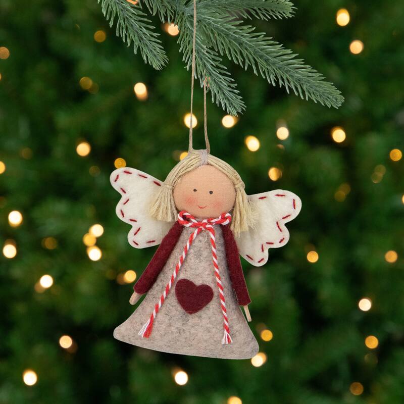 Angel Girl Hanging Christmas Ornaments - 3.5" - Burgundy and Beige - Set of 2