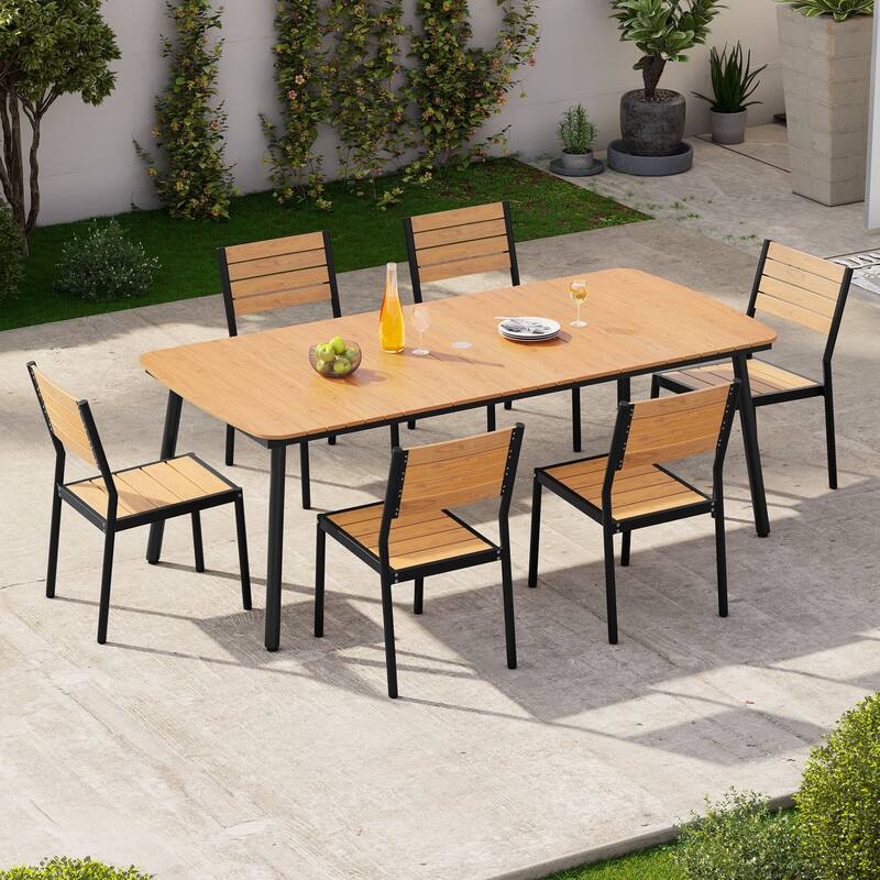 7-Piece Patio Outdoor Dining Set Aluminum Rectangle Table with Umbrella Hole and Stackable Chairs