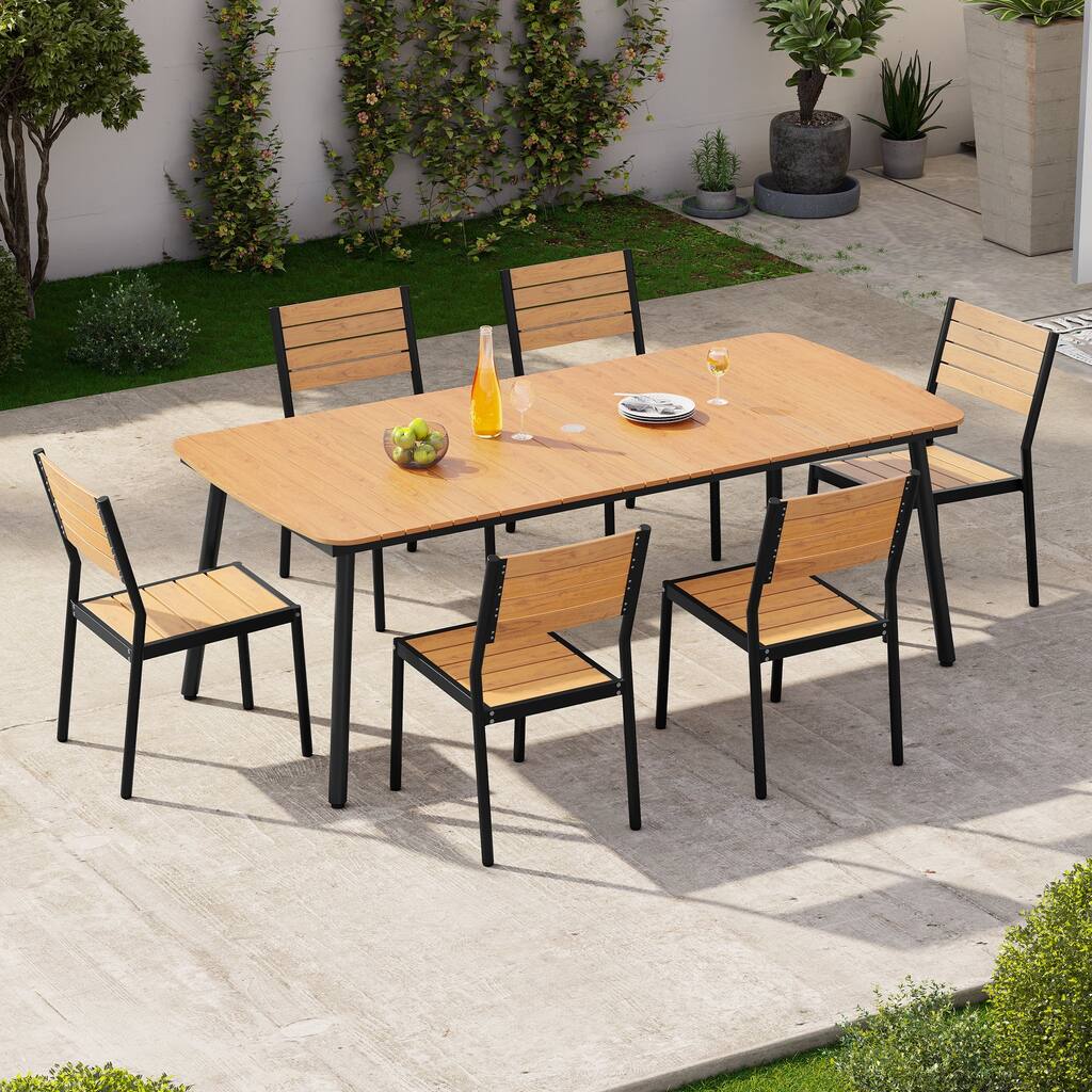 7-Piece Patio Outdoor Dining Set Aluminum Rectangle Table with Umbrella Hole and Stackable Chairs
