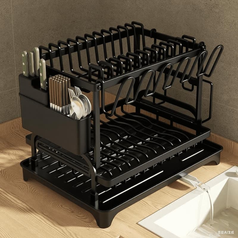 Collapsible 2 Tier Dish Drying Rack For Kitchen Counter - Black