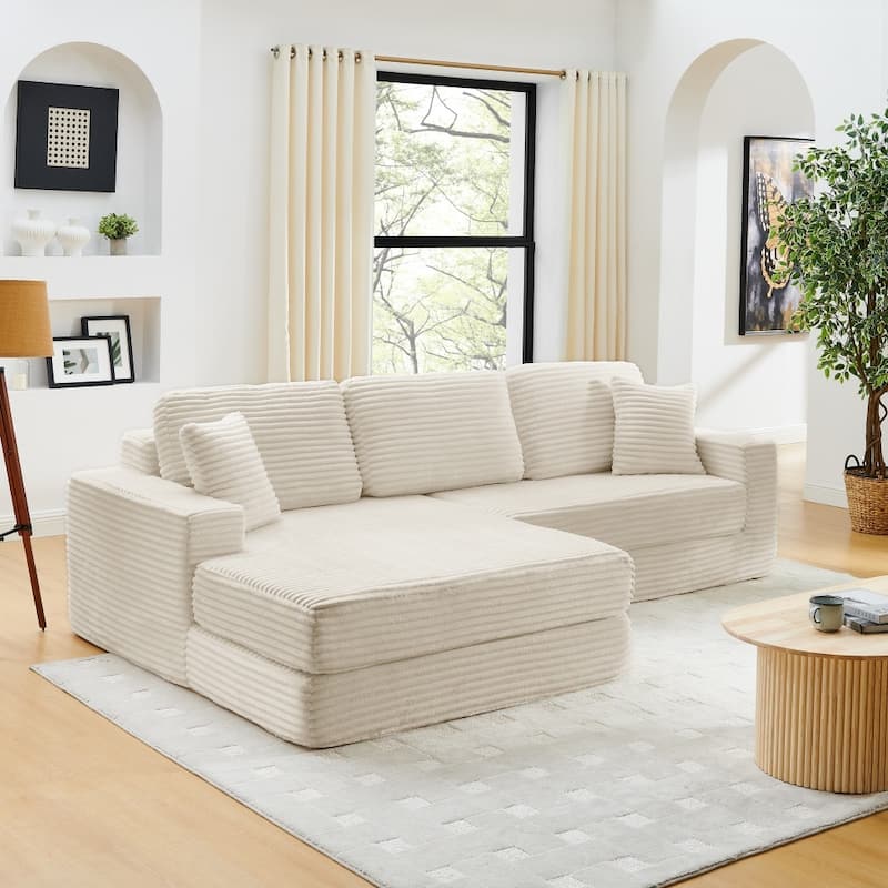 112.6" Modern L-shaped Modular Sectional Sofa in Corduroy, Unfold into Bed for Rest