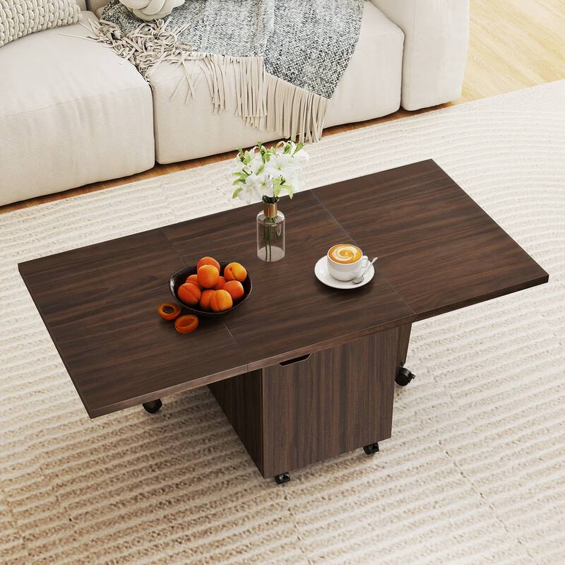 Folding Coffee Table with Storage Cabinet Expandable Living Room Table on Wheels with Quick Folding Top - 48" x 24" x 18"