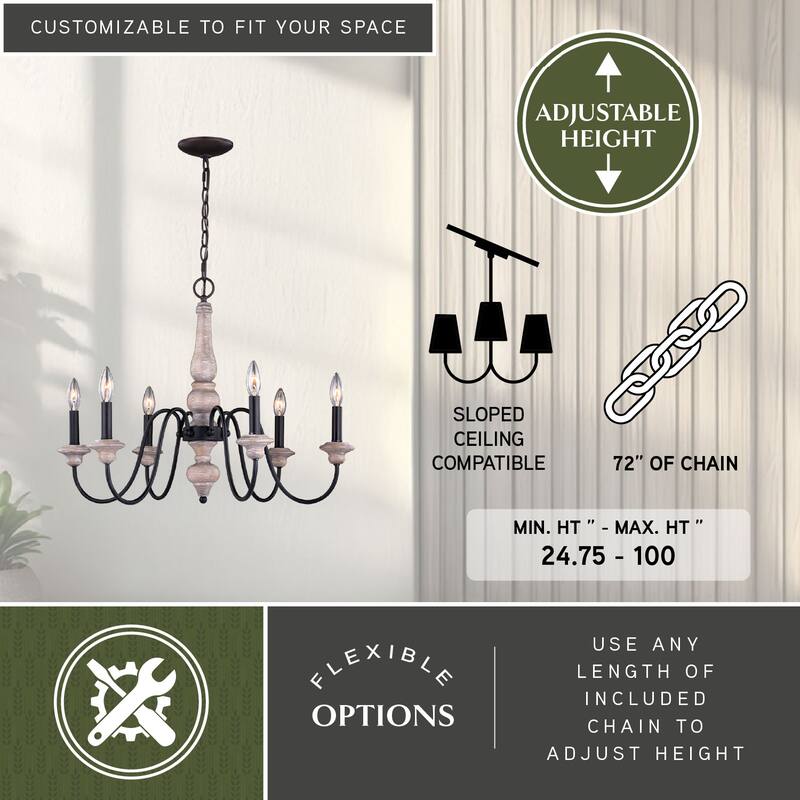Georgetown 6 Light Gray Wood Farmhouse Chandelier - 26-in W x 20.75-in H x 26-in D