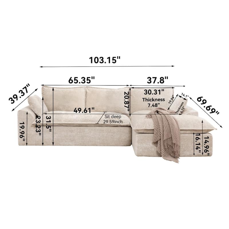 103.15" Modern Chenille Boneless Sectional Sofa with Chaise