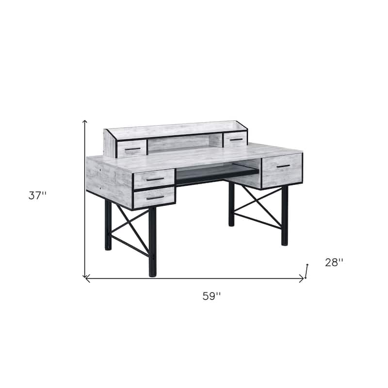 59" Antiqued White and Black Computer Desk With Five Drawers
