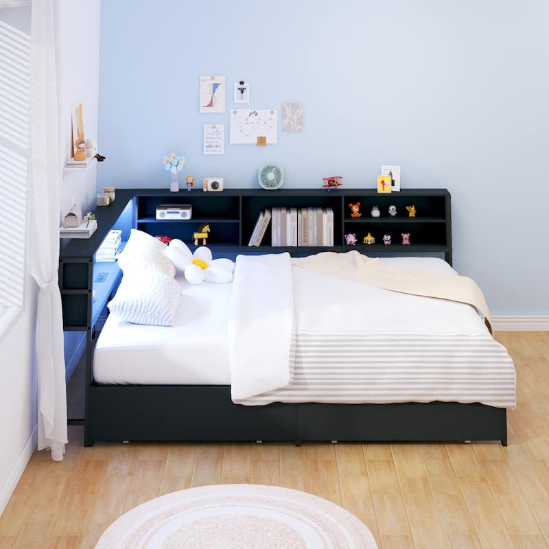Kids Corner Bed with Storage, Twin/Full Daybed with Drawers, Bookcase Headboard with Charging Station & LED Lights - Black - Full