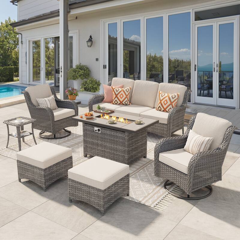 OVIOS 7-piece Patio Swivel Chair Set with 42" Fire Table - Beige-Grey Wicker