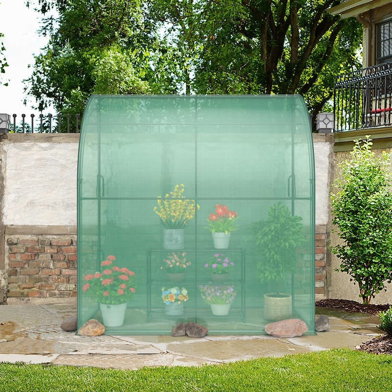 7'x 3.5'x 7' Greenhouse Portable Wall House w/ Green PE Cover & Shelf - 78'' x 38.5'' x 84.5''(Lx Wx H)