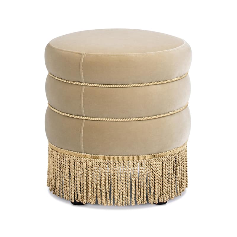 Edward 17.5" Round Upholstered Ottoman with Gold Bullion Fringe