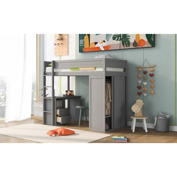 slide 2 of 13, Storage Loft Bed with Desk Built-in 2 Drawers and Cabinet, Storage Underneath Loft Wood Bed with Side Wardrobes, 3-in-1 Loft Bed Gray - Twin