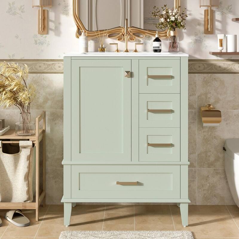 24.8" Bathroom Vanity with Ceramic Sink, Modern Freestanding Cabinet with Soft-Close Door and 3 Storage Drawers - Green