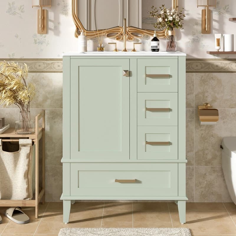 24.8" Bathroom Vanity with Ceramic Sink, Modern Freestanding Cabinet with Soft-Close Door and 3 Storage Drawers