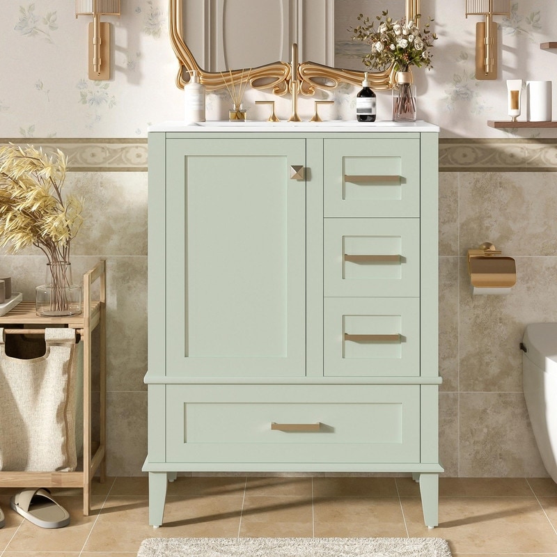 24.8" Bathroom Vanity with Ceramic Sink, Modern Freestanding Cabinet with Soft-Close Door and 3 Storage Drawers