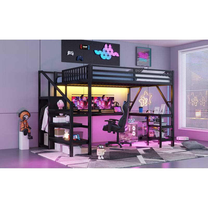 Roomfitters Full/Queen Loft Platform Bed, L-Shaped Desk and LED Wardrobe with Metal Frame for Bedroom or Guest Room