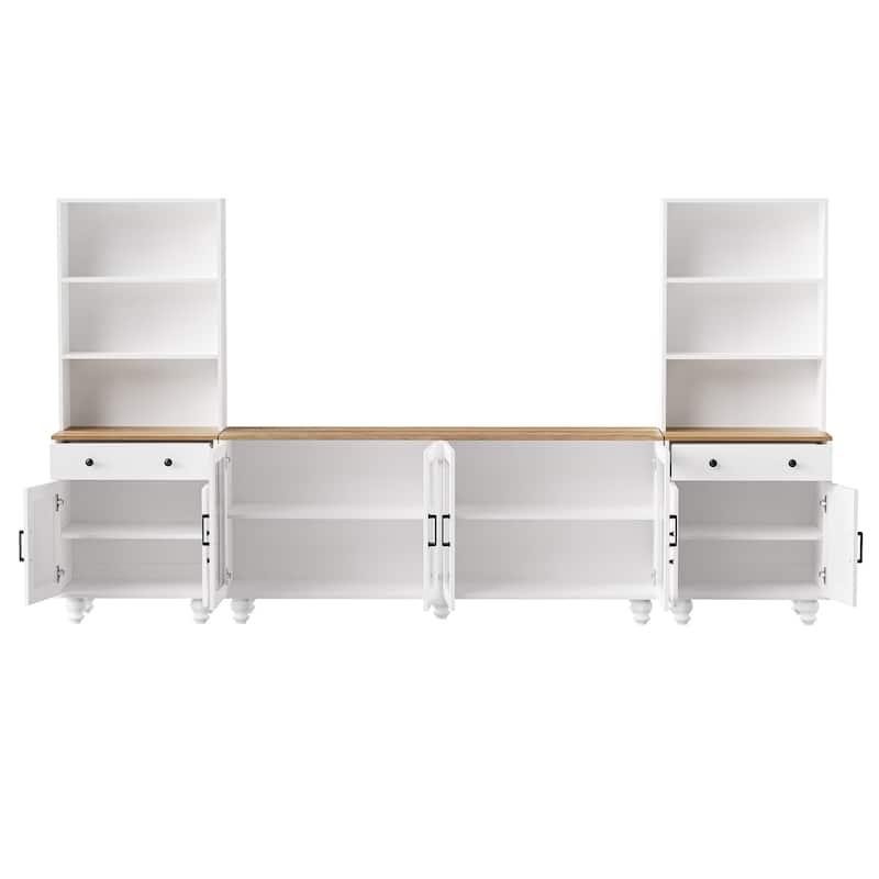 White+Walnut Farmhouse TV Entertainment Center with Bookshelves and Glass Doors for TVs Up to 70"