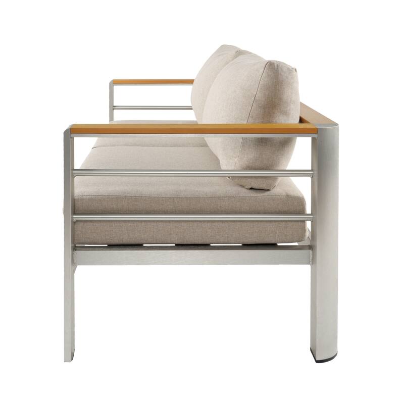 Roomfitters Cora Outdoor Aluminum Loveseat Bench with Olefin Fabric Cushions, Silver and Beige