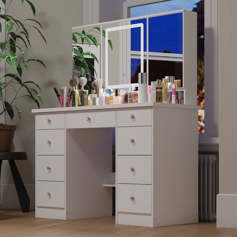 9-Drawer Vanity Set with Crystal Pulls and Versatile Mirror Lighting - White