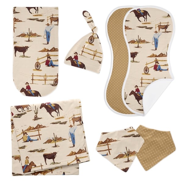 slide 2 of 6, Western Cowboy 7-piece Newborn Baby Layette Set - Red Blue Tan Chocolate Brown and White Wild West Southern Country Horse