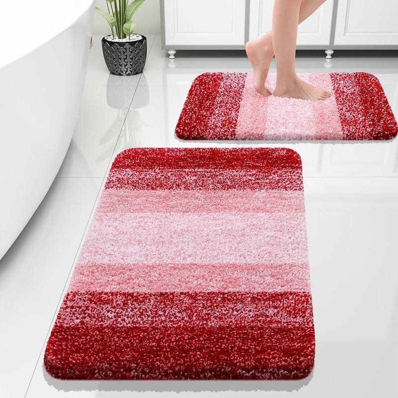 Bathroom Rug Set of 2, Soft Absorbent Microfiber Bathroom Mat (30x20+24x16 in) - Red