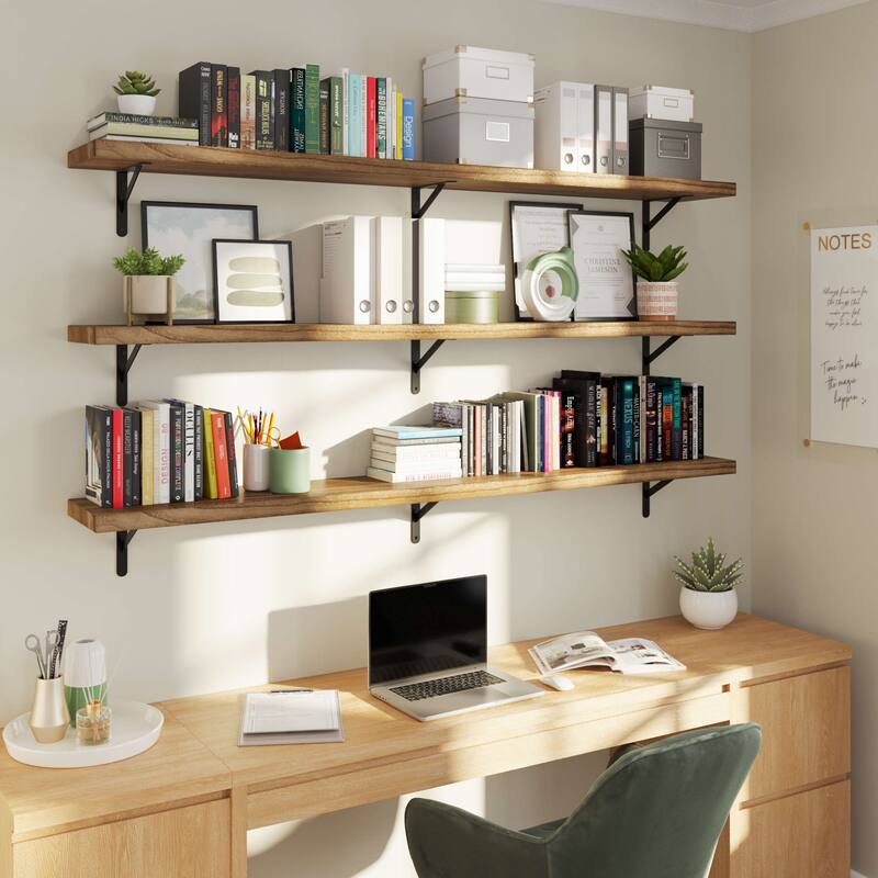 Wallniture Forme 48"-84" Long Floating Shelves Living Room & Office Decor, Solid Wood Shelves, Wall Mounted, 1.5" Thick, Burnt