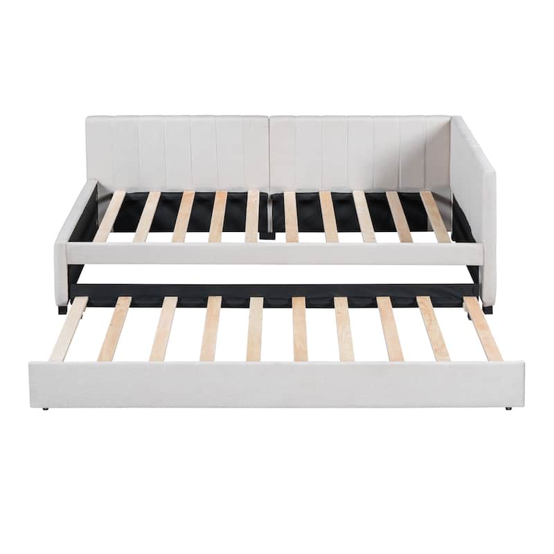 Upholstered Daybed with Twin Size Trundle, Twin Size Linen Fabric Sofa Bed Frame with L-Shaped Headboard, No Box Spring Needed