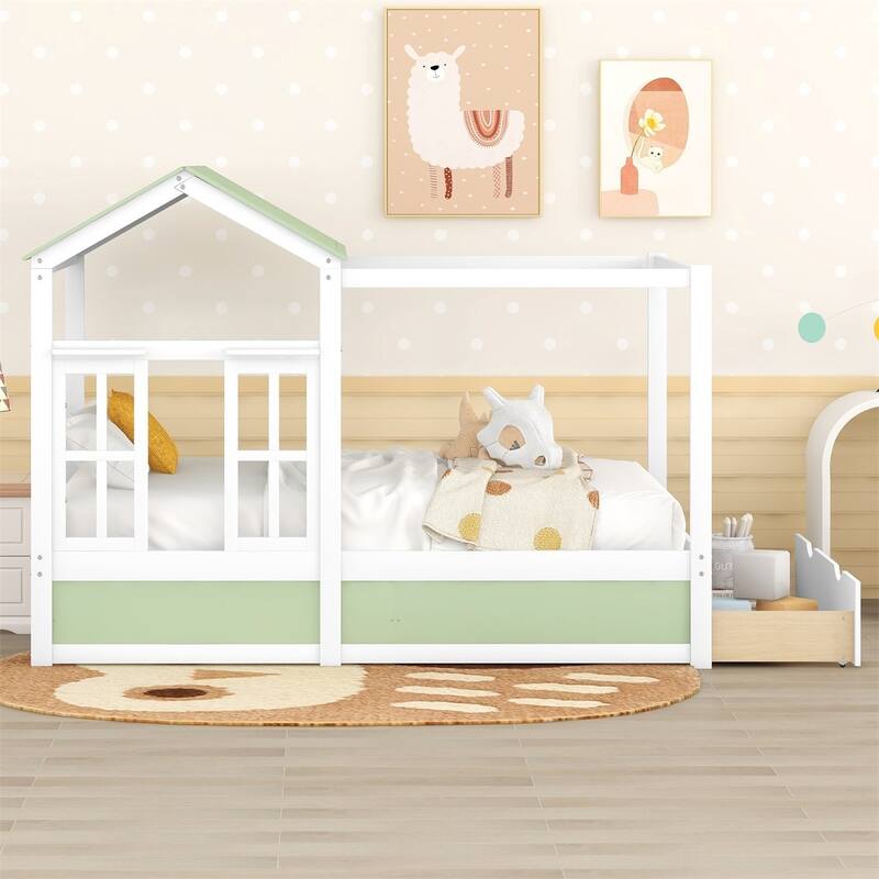 Merax House Bed with Roof, Window and Drawer - green+white - Full