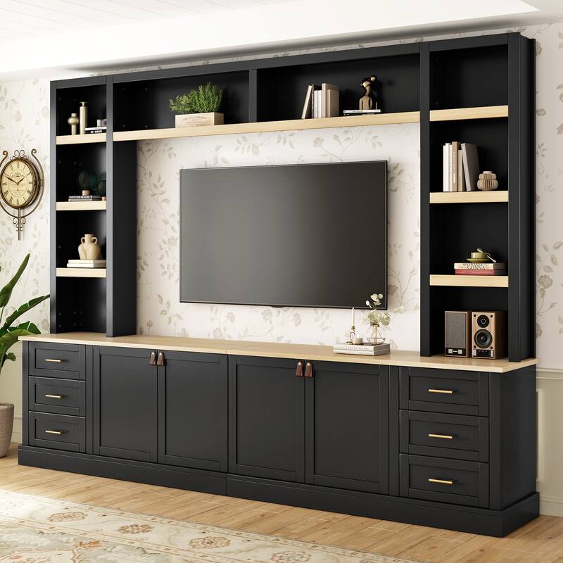 102.3"W Farmhouse 4-Piece Entertainment Center Wall Unit with Adjustable Shelf, TV Stand with Bookshelves for TVs Up to 75" - Black