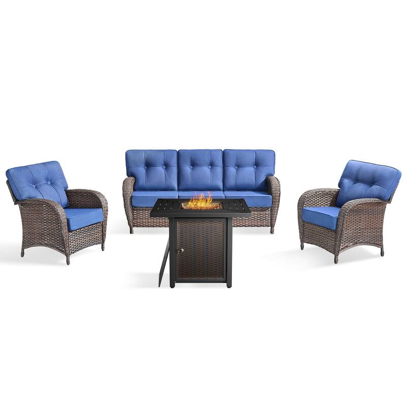 Pocassy Outdoor 30 In Fire Table with Sofa Patio Chair Set