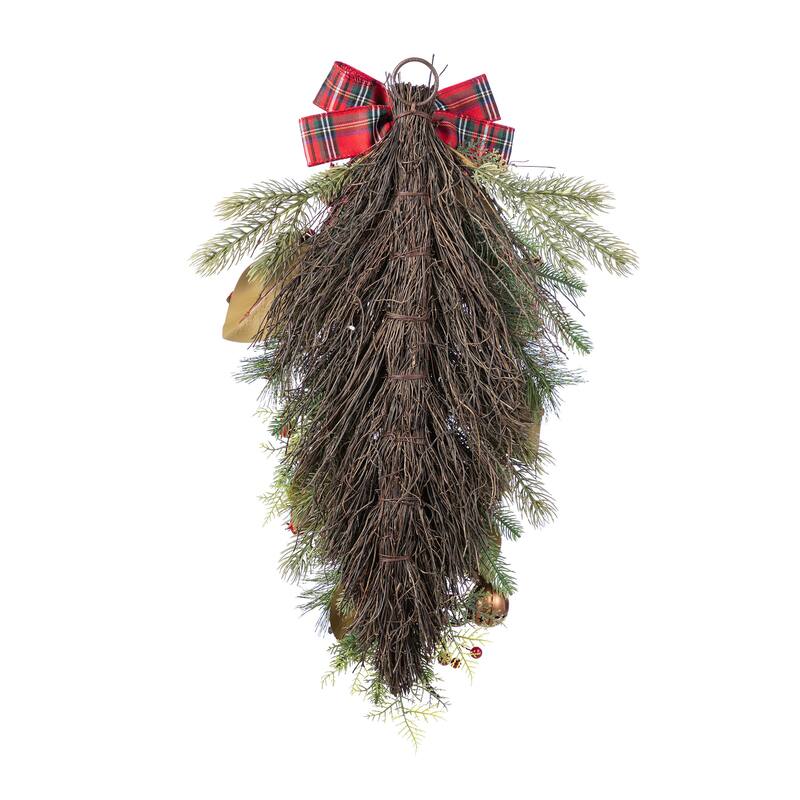 Glitzhome Christmas Berry Bow Pinecone Bell Holy Leaf Teardrop Swag Xmas Wreath