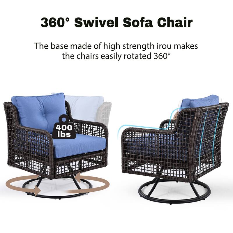 4-Piece Rattan Sectional Conversation Set with 360° Swivel Chairs, 3-Seat Sofa & Wood-Top Coffee Table