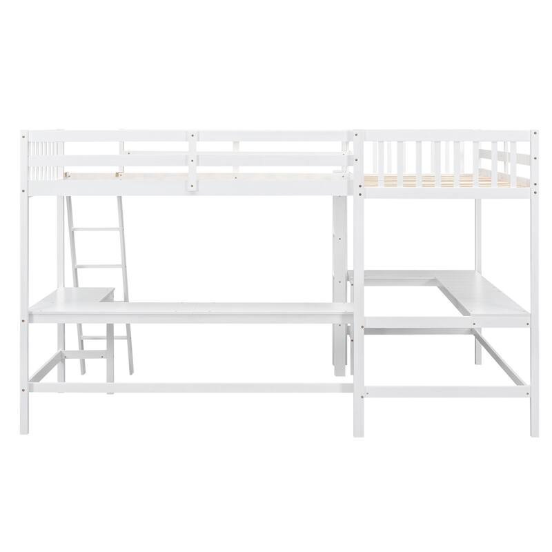 L-Shaped Twin Loft Bed with Ladder and Dual Built-in Desks, Perfect for Study and Sleep
