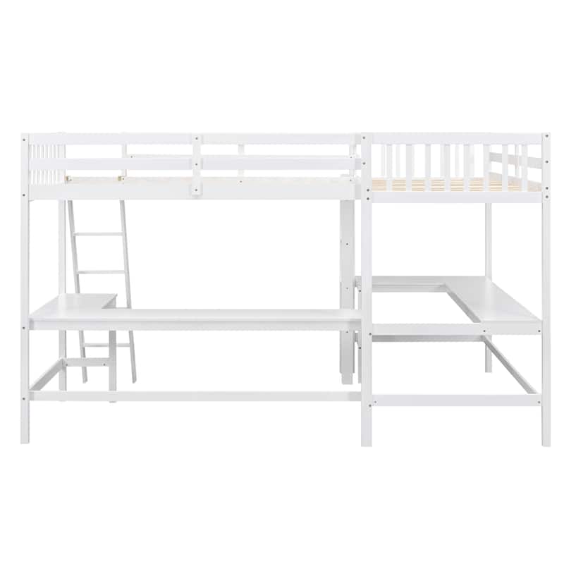 Twin Size L-Shaped Loft Bed with Ladder and 2 Built-in Desks, White