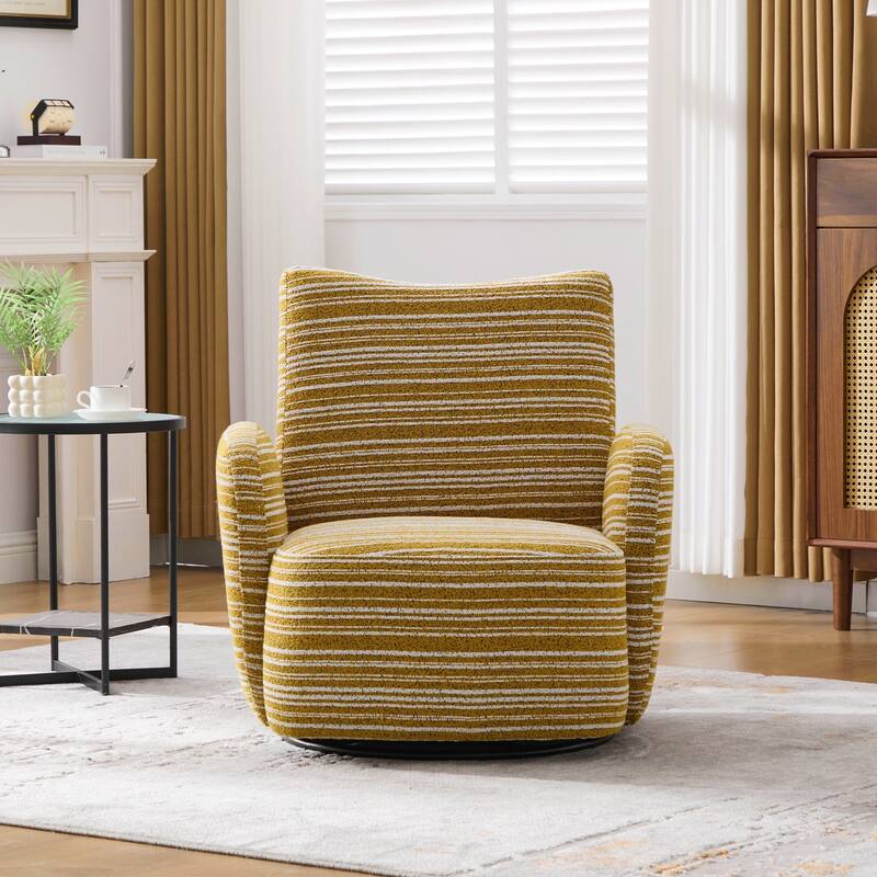 Modern Style 360° Swivel Leisure Chair Fabric Striped Armrest Swivel Chair and metal bracket, suitable for living room, balcony