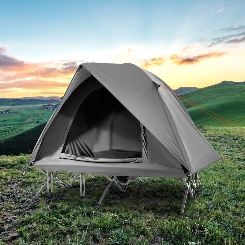 Grey Oxford Cloth Metal Elevated Camping Cot Tent for 2 Persons with Wheeled Bag - 77" x 71" x 59"