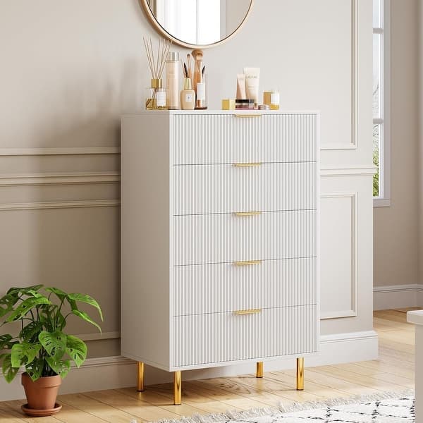 white and gold tall dresser Qeetex White 3 Drawer Dresser for Bedroom - 30inch Tall Modern Chest of Drawers with Gold Metal Handles and Anti-Tipping Device