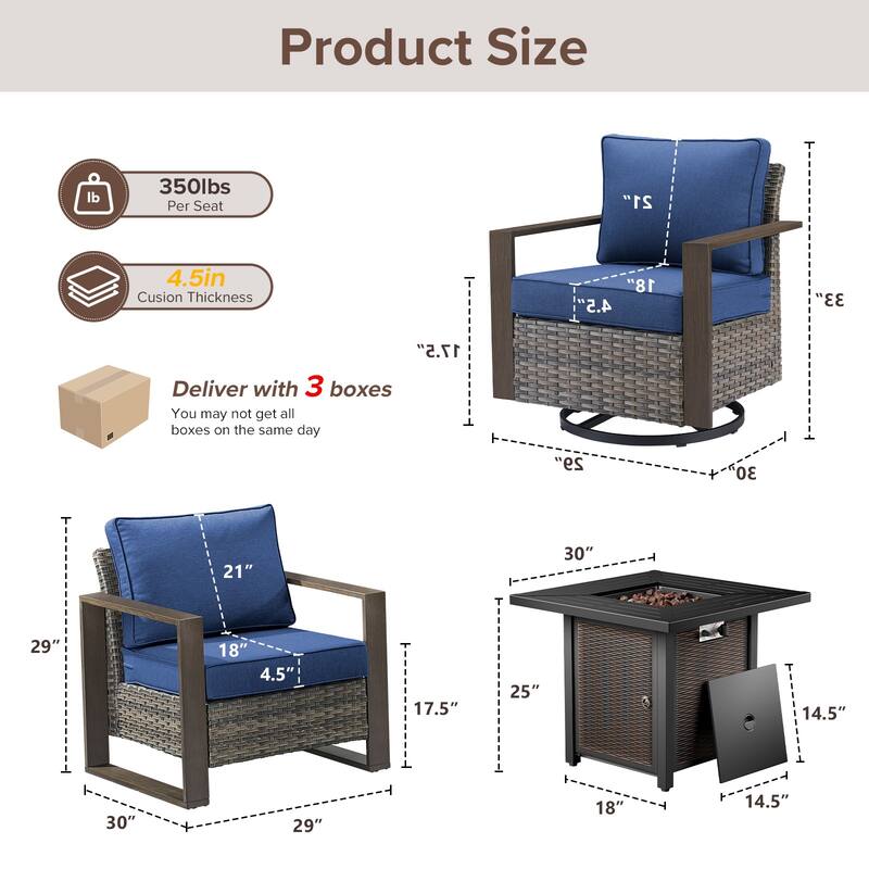 Meyreso 5-Piece Wicker Patio Conversation Set with Metal Fire Pit & Plush 4.5" Olefin Cushions