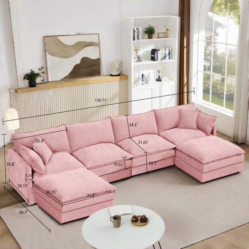 U Shaped Modular Sectional Sofa with Movable Ottoman, Comfy Chenille 4-Seater Cloud Couch, High-Resiliency Foam Deep Seat Sofa