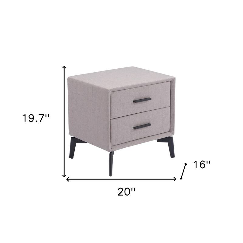 HomeRoots 20" Gray and Black Fabric Wood and Steel End Table With Two Drawers - 20' X '19.7' X '16