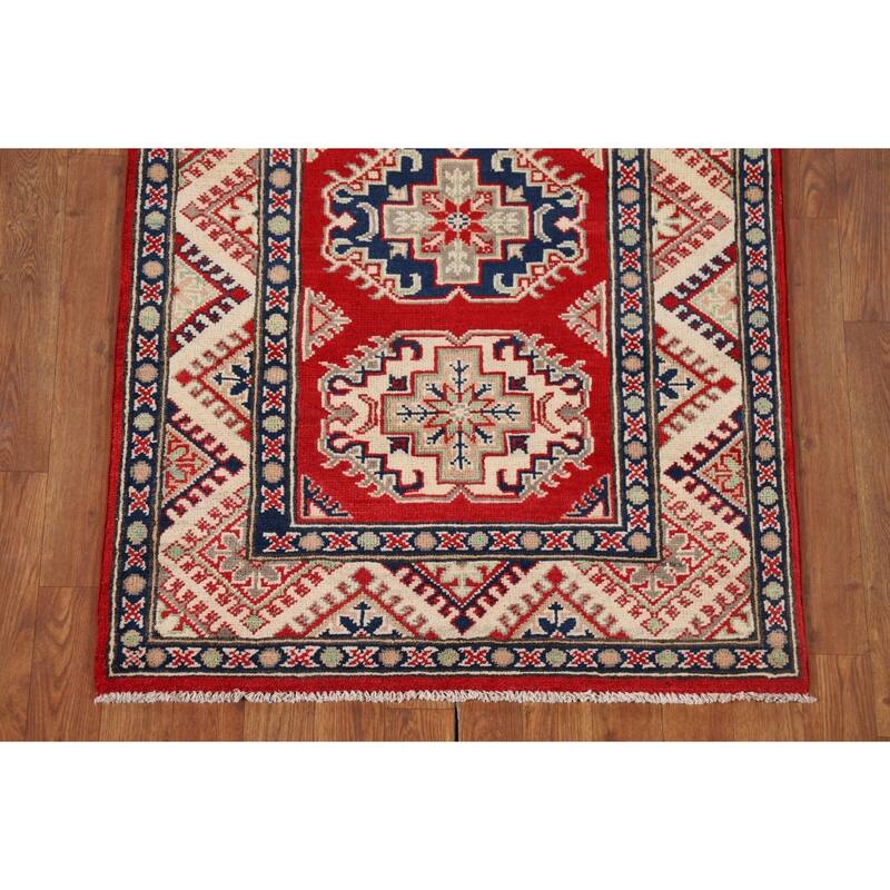 Red Geometric Kazak Oriental Runner Rug Hand-Knotted Wool Carpet - 2'8" x 9'4"
