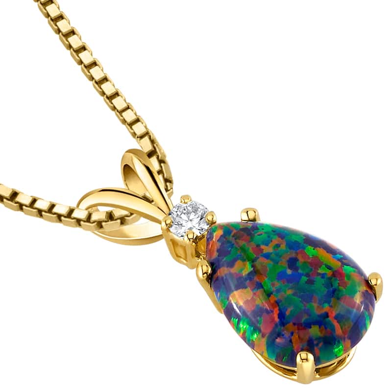 14k Yellow Gold Gold Pear Shape Created Black Opal Diamond Pendant