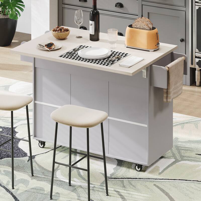 Kitchen Island with Trash Can Storage Cabinet, Kitchen Cart with Drop Leaf, Spice Rack - Grey