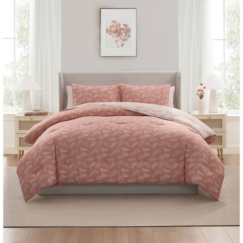 Empyrean 3PC Reversible Botanical Printed Comforter Bedding Set - Bali Blush - King