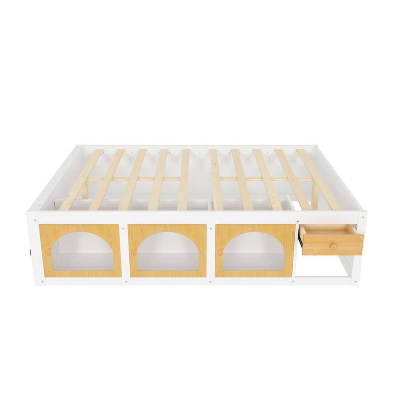 Wooden Platform Bed with Footboard Bookshelf, LED Display Cabinet and Drawer Storage by Harper&Bright Designs