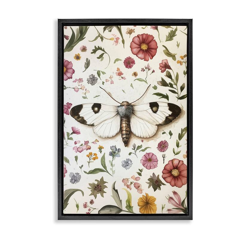 Stupell White Moth & Botanicals Framed Floater Canvas Wall Art Design By The Dutch Lady - 17 x 25 - Black